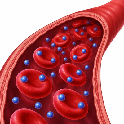 Red blood cells carrying oxygen through a blood vessel.