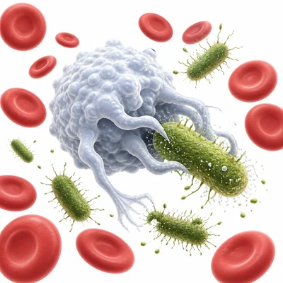 White blood cell attacking germs in the bloodstream.