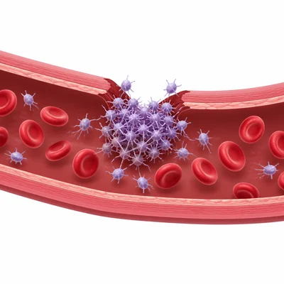 Platelets forming a clot at a small blood vessel injury.