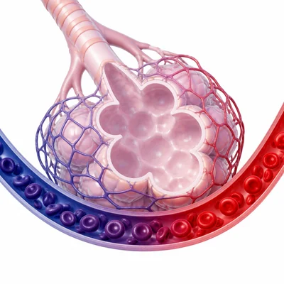 Blood changing from oxygen-poor to oxygen-rich as it passes alveoli in the lungs.