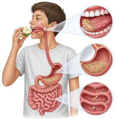 Digestion shown happening in the mouth, stomach, and small intestine.