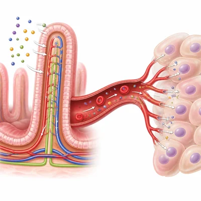 Absorbed nutrients moving from the small intestine into the blood and body cells.
