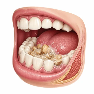 Food being chewed and mixed with saliva in the mouth.