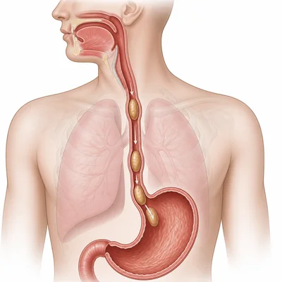 Food moving down the esophagus toward the stomach.