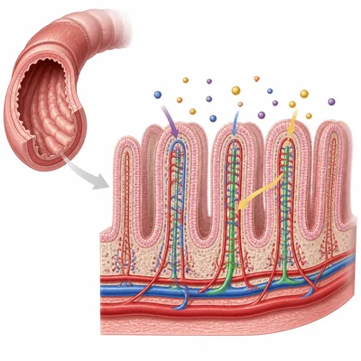 Small intestine absorbing nutrients into blood vessels.
