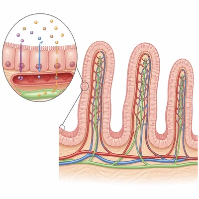 Villi absorbing nutrients in the small intestine.