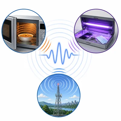 Common uses shown: microwave heating, ultraviolet sterilizing, and radio broadcasting.