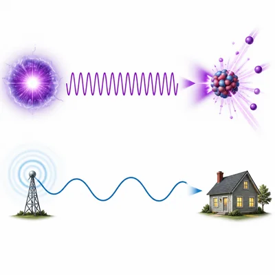Short, tightly packed gamma wave shown as more energetic than a long radio wave.