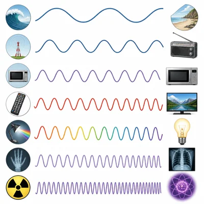 Seven wave sections progress from long wavelength to short wavelength with related icons.
