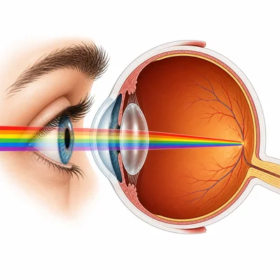 Human eye detecting the rainbow visible-light portion of electromagnetic radiation.