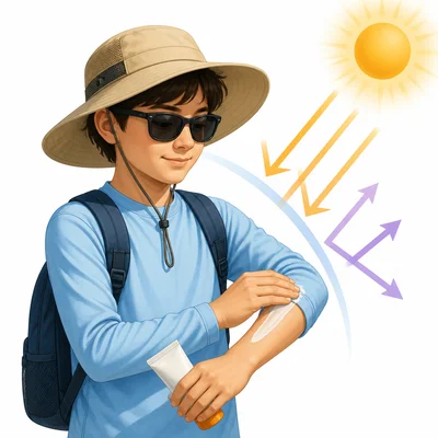 Student protected from ultraviolet sunlight with hat, sunglasses, clothing, and sunscreen.