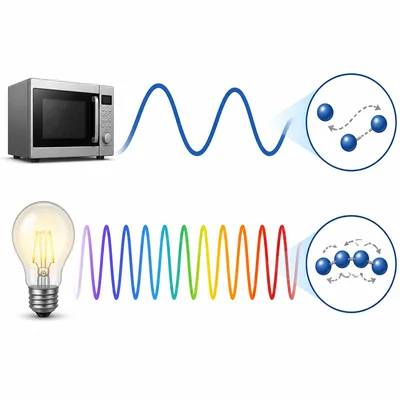 Microwave and visible-light waves compared, with visible light shown as shorter wavelength.