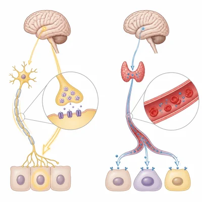 Diagram comparing nerve signals through nerves with hormones traveling through the bloodstream.