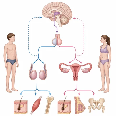 Hormonal pathway from brain glands to reproductive glands and body tissues during puberty.