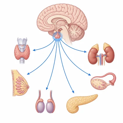 Pituitary gland in the brain shown sending signals to other endocrine glands.