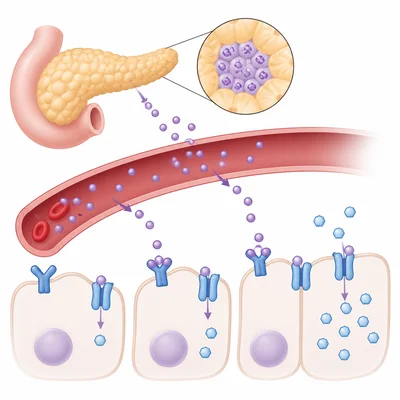 Pancreas releasing insulin that helps glucose enter body cells.