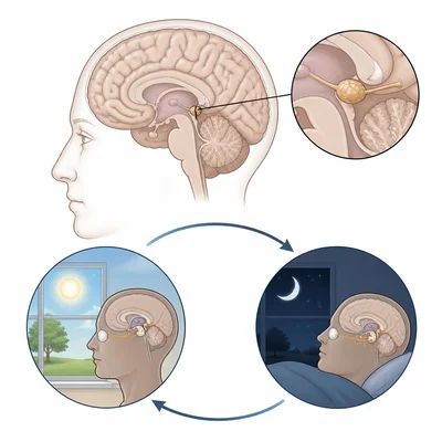 Pineal gland in the brain connected to the sleep-wake cycle.