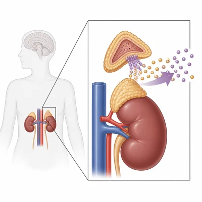 Adrenal glands above the kidneys releasing hormones during stress.