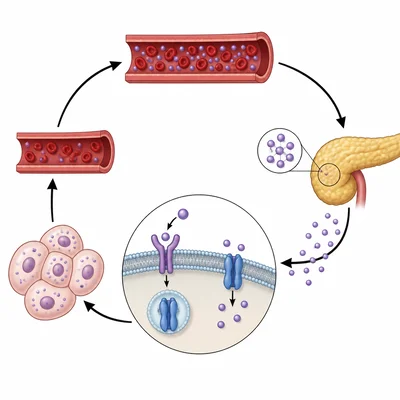 Negative feedback loop showing insulin lowering blood glucose by moving glucose into cells.
