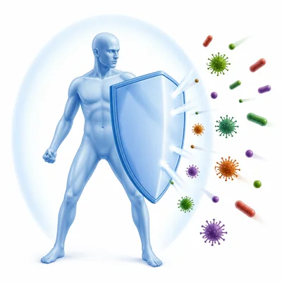 Human body protected by a shield from germs, representing the immune system.