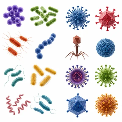 Different-looking bacteria and viruses shown side by side.