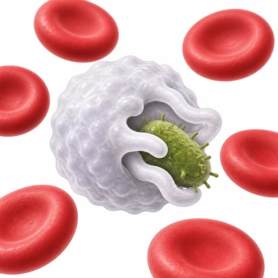 A white blood cell engulfing a germ among red blood cells.