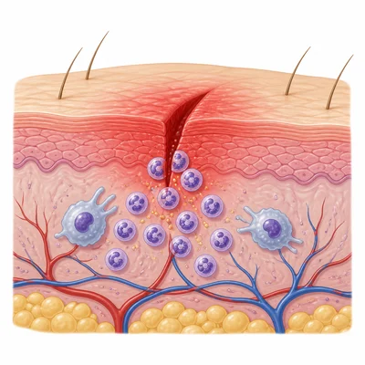 A small skin cut with redness, swelling, and immune cells gathering at the wound.