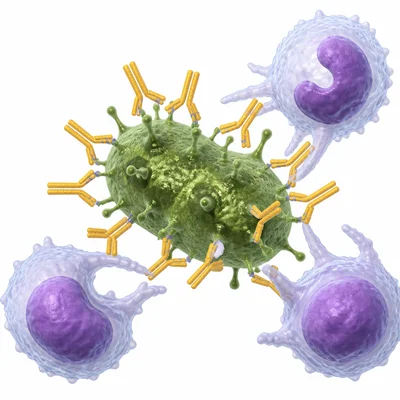 Y-shaped antibodies binding to a germ so immune cells can remove it.