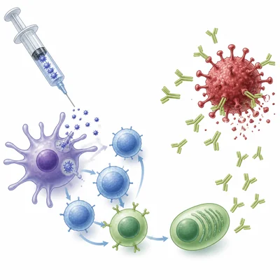 A vaccine syringe helping immune cells prepare antibodies against a germ.