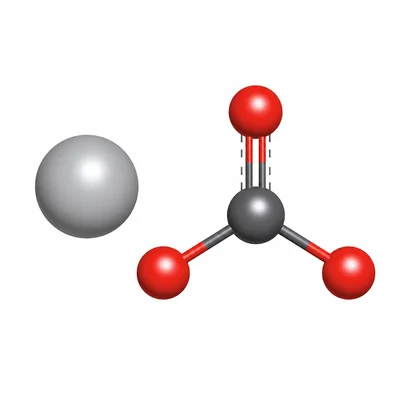 Model of calcium carbonate showing a calcium ion next to a carbonate group with one carbon and three oxygen atoms.