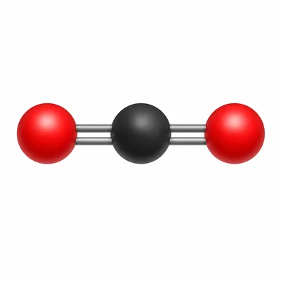 Ball-and-stick model of carbon dioxide with one central carbon atom bonded to two oxygen atoms.
