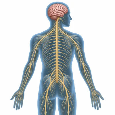 Human silhouette showing brain and spinal cord with branching nerves.