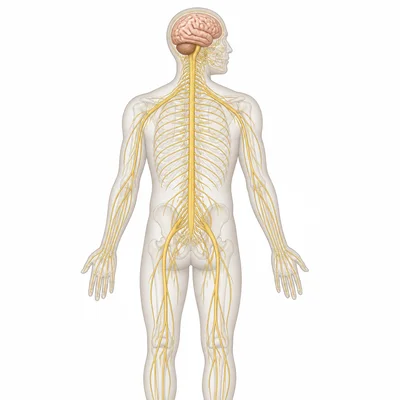 Spinal cord connecting the brain to nerves throughout the body.