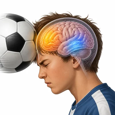 Soccer ball impact to the head with highlighted brain areas for thinking and memory.