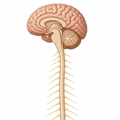Brain connected to the spinal cord.