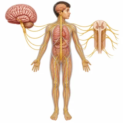 Nerves branching between the brain, spinal cord, and the rest of the body.