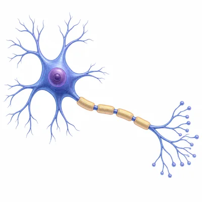 A neuron with dendrites, cell body, axon, and terminal branches.