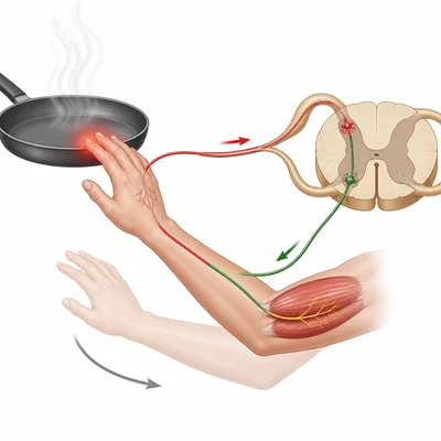 Reflex pathway from a hot pan touch to the spinal cord and back to the arm.