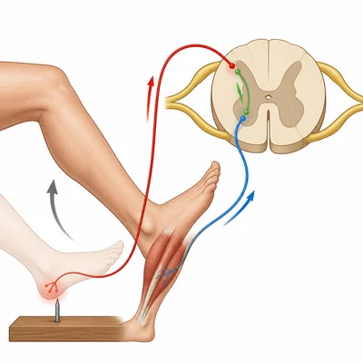 A foot pulling away from a sharp object through a spinal reflex pathway.