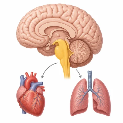 Brain diagram with the brainstem highlighted near heart and lungs icons.