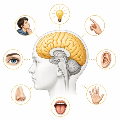 Brain diagram with the cerebrum highlighted and icons for thinking and senses.
