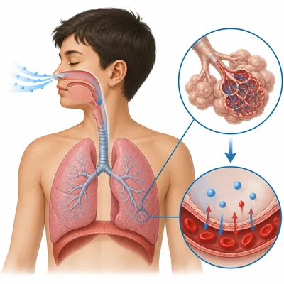 Diagram of air entering the lungs and gases being exchanged.