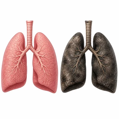 Healthy and smoke-damaged lungs shown side by side.