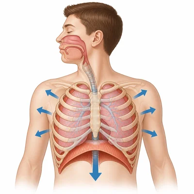 Rib muscles and diaphragm moving to expand the lungs.
