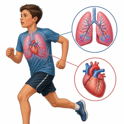 Running student with lungs and heart working harder during exercise.