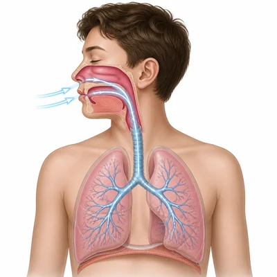 Air path from nose and mouth through the airway into the lungs.