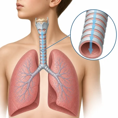 Trachea shown as a ringed airway carrying air toward the lungs.