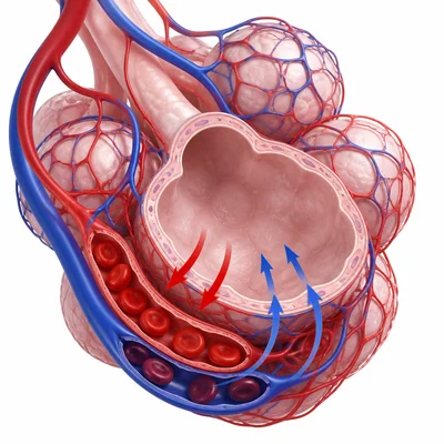 Close-up of alveoli exchanging gases with surrounding capillaries.