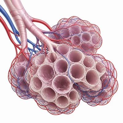 Many thin-walled alveoli surrounded by capillaries for gas exchange.