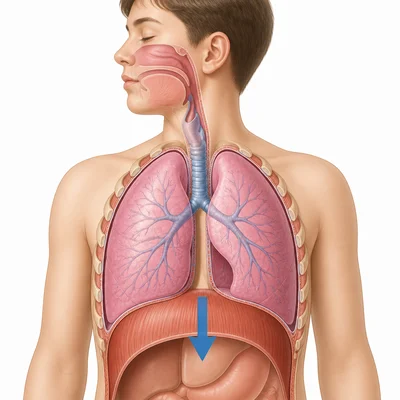Diaphragm moving downward beneath the lungs as the lungs expand.